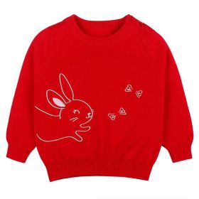 Baby Girl Cute Bunny Embroidery Graphic Solid Color O-Neck Sweater (Color: Red, Size/Age: 120 (5-7Y))