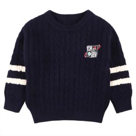Baby Logo Patch Pattern Side Striped Sleeves Conchet Knit Sweater (Color: Navy Blue (Dark Blue), Size/Age: 130 (7-8Y))