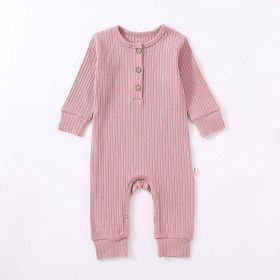 Baby Boy And Girl Solid Color Quarter Button Design Jumpsuit (Color: Pink, Size/Age: 90 (12-24M))