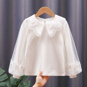 Baby Girl Solid Color Sweat Style Mesh Doll Neck Puff Sleeves Blouser (Color: Pink, Size/Age: 150 (10-12Y))
