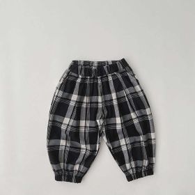 Baby Classic Plaid Pattern Loose Cotton Trousers (Color: Black, Size/Age: 120 (5-7Y))