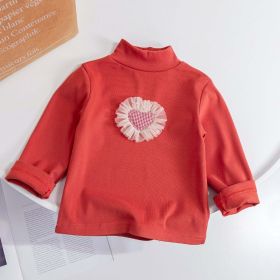 Baby Girl Mesh Heart Patched Pattern Solid Color Half Turtleneck Tops (Color: Red, Size/Age: 130 (7-8Y))