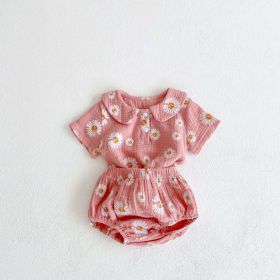 Baby Girl Floral Print Doll Collar Design Neck Buttoned Tops Combo Shorts Sets (Color: Pink, Size/Age: 80 (9-12M))