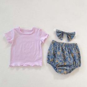 Baby Girl Solid Color Wooden Ear Design T-Shirt Combo Floral Shorts 2-Pieces Sets (Color: Purple, Size/Age: 80 (9-12M))