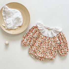 Baby Girls Floral Pattern Lace Patchwork Design O-Neck Puff-Sleeved Onesies In Spring (Color: Red, Size/Age: 66 (3-6M))