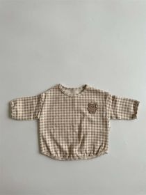 Baby Dot Pattern Cartoon Bear Patched Design Cotton Shirt (Color: Brown, Size/Age: 80 (9-12M))