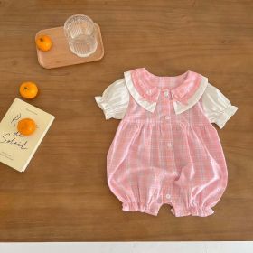 Baby Girl Plaid Pattern Single Breasted Design Puff-Sleeved Bow Doll Collar Rompers (Color: Pink, Size/Age: 100 (2-3Y))