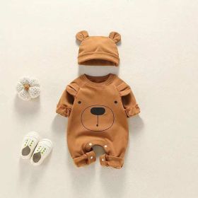 Baby Girl Bear Print Pattern Solid Color Long-Sleeved Rompers With Hat In Spring & Autumn (Color: Brown, Size/Age: 73 (6-9M))