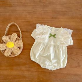 Baby Girls Solid Color Lace Patchwork Design Puff Sleeved Onesies With Bow Decoration (Color: White, Size/Age: 80 (9-12M))