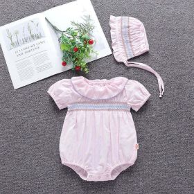Baby Girl Embroidery Pattern Ruffle Collar Design Bubble Short-Sleeved Onesies With Hat (Color: Pink, Size/Age: 80 (9-12M))