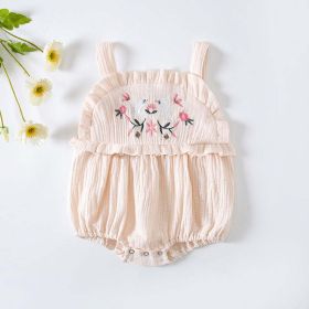 Baby Girl Floral Embroidered Pattern Lace Design Solid Color Sleeveless Onesies In Summer (Color: Apricot, Size/Age: 73 (6-9M))