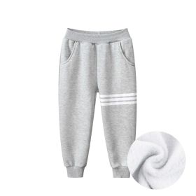 Baby Boy Solid Color Striped Design Fleece Thickened Trousers (Color: Grey, Size/Age: 110 (3-5Y))