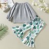 Baby Girl 1pcs 4-Leaves Grass Graphic Long Sleeve Tops Combo Allover Grass Print Ruffle Hem Pants Sets